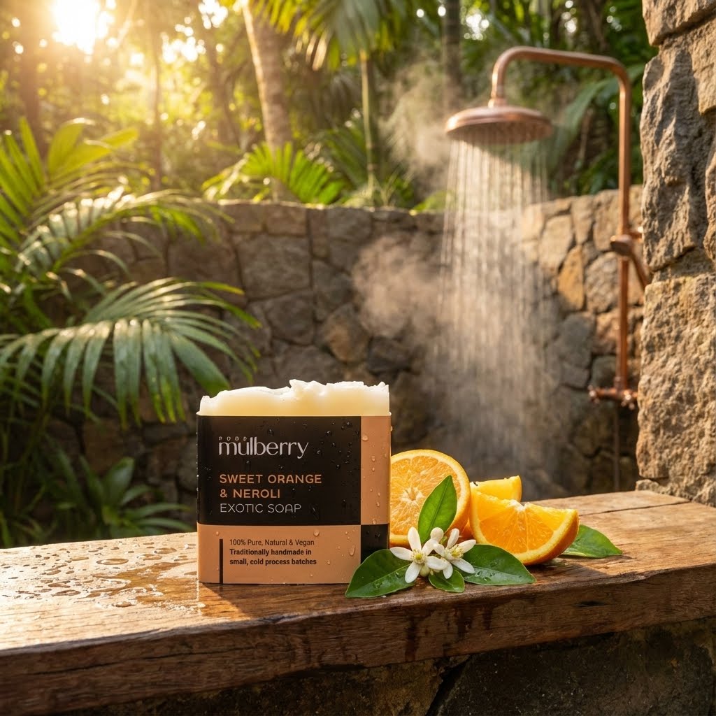 Mullberry soap bar with oranges and leaves on a wooden surface outdoors