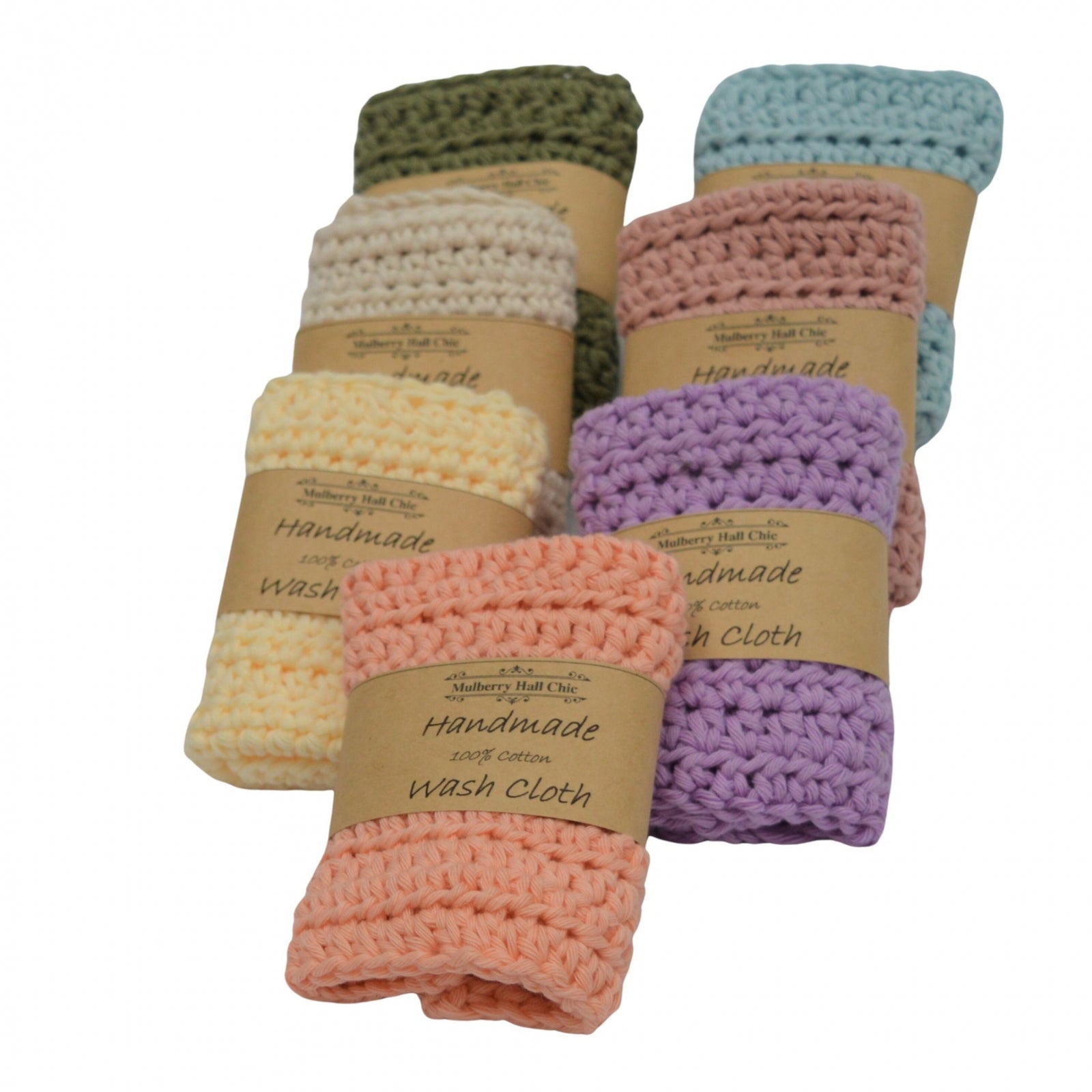hand crocheted cotton washcloths in 7 different colours