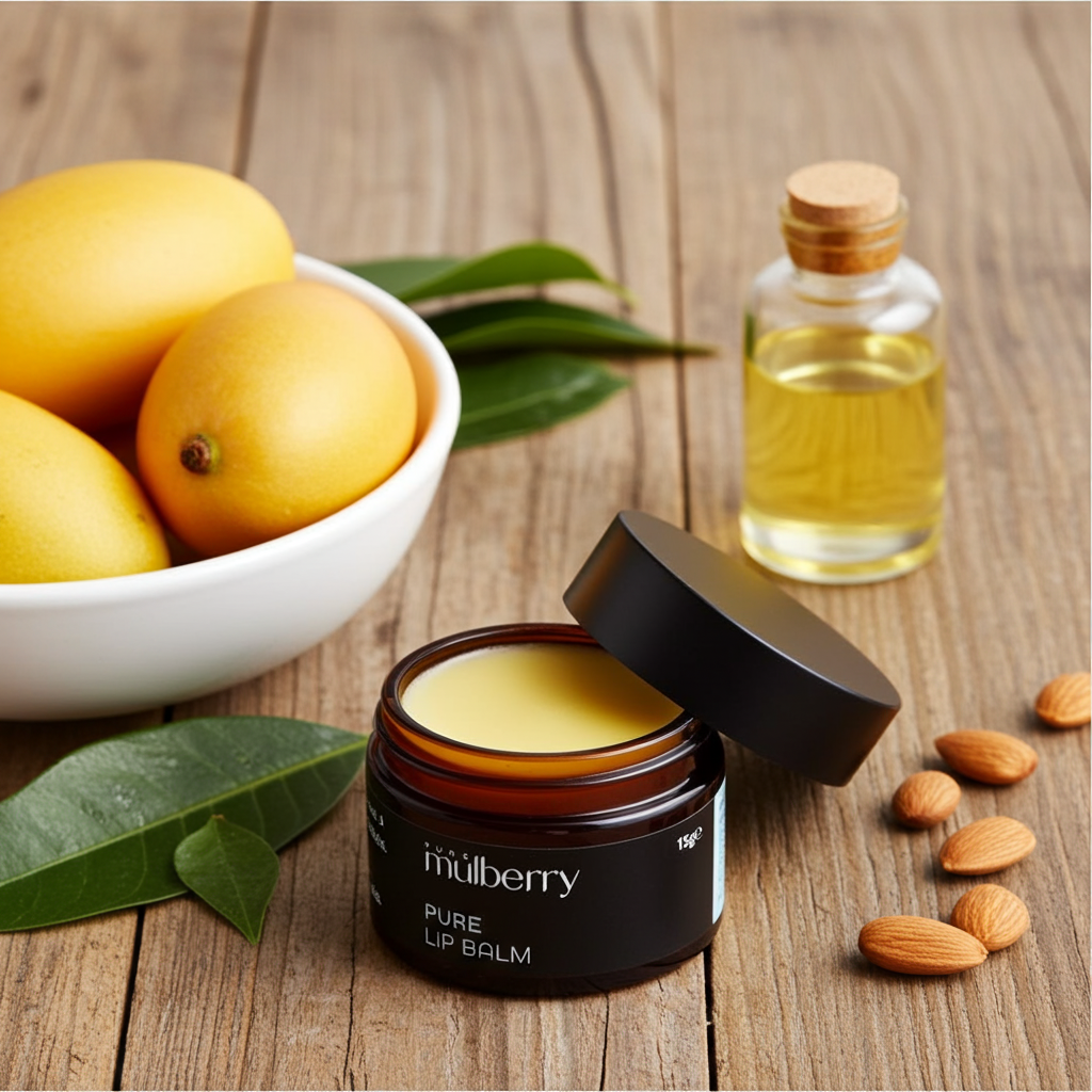 Jar of mulberry pure lip balm on a wooden surface with mangoes and almonds.