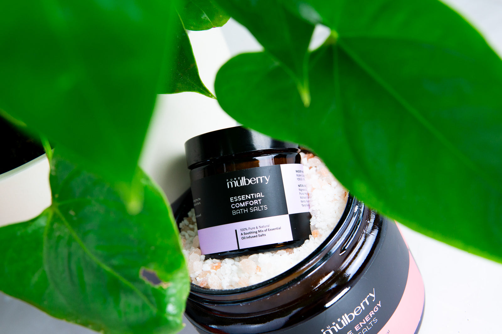 Small jar of white and pink bath salts nestling in a large jar with green leaves above