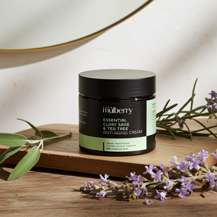 Essential Organic Clary Sage & Tea Tree Anti Aging Day Face Cream with Hyaluronic Acid 50g