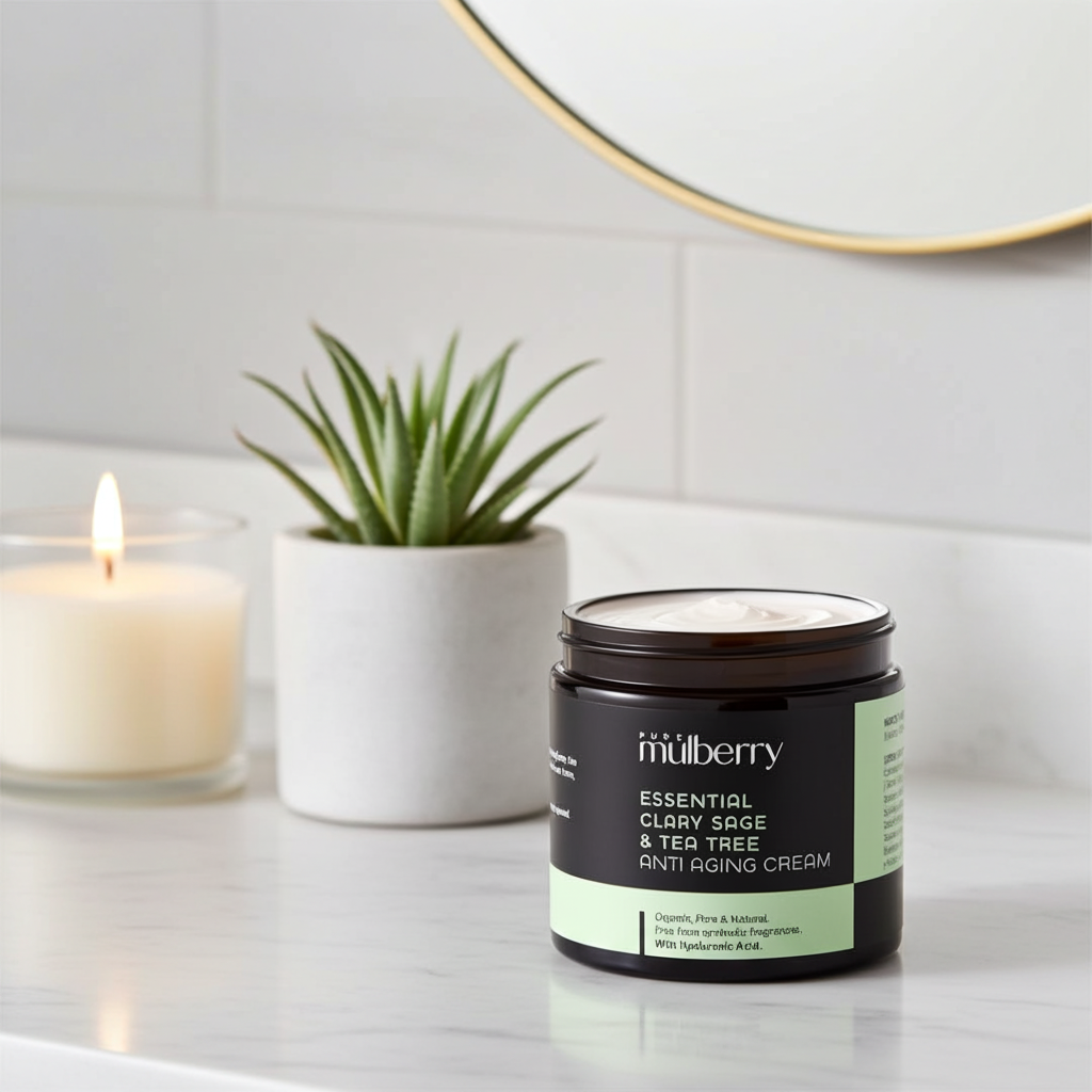 Essential Organic Clary Sage & Tea Tree Anti Aging Day Face Cream with Hyaluronic Acid 50g