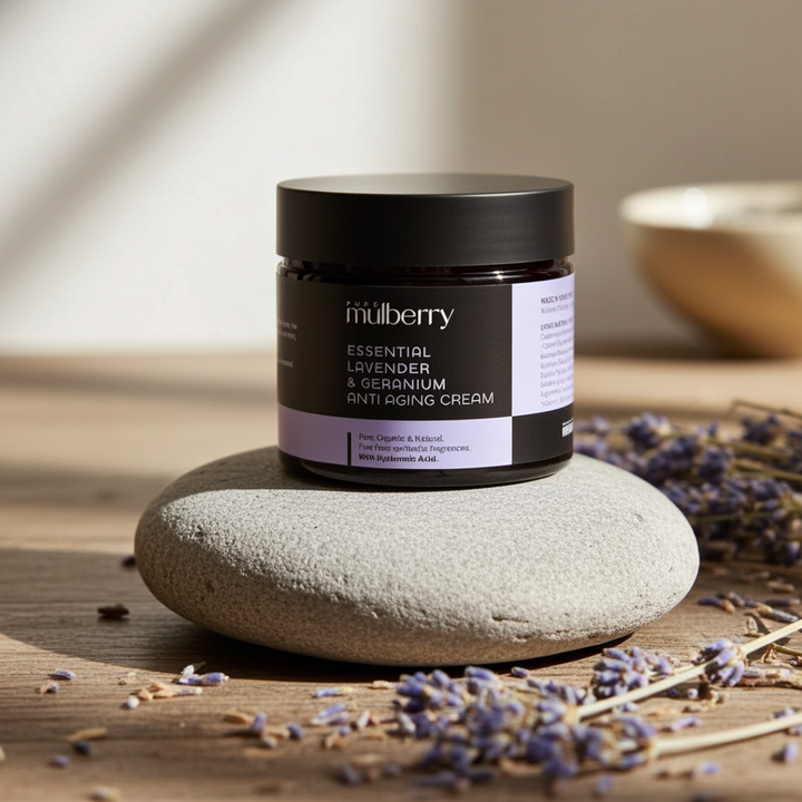 Essential Organic Lavender & Geranium Anti Aging Day Face Cream with Hyaluronic Acid 50g