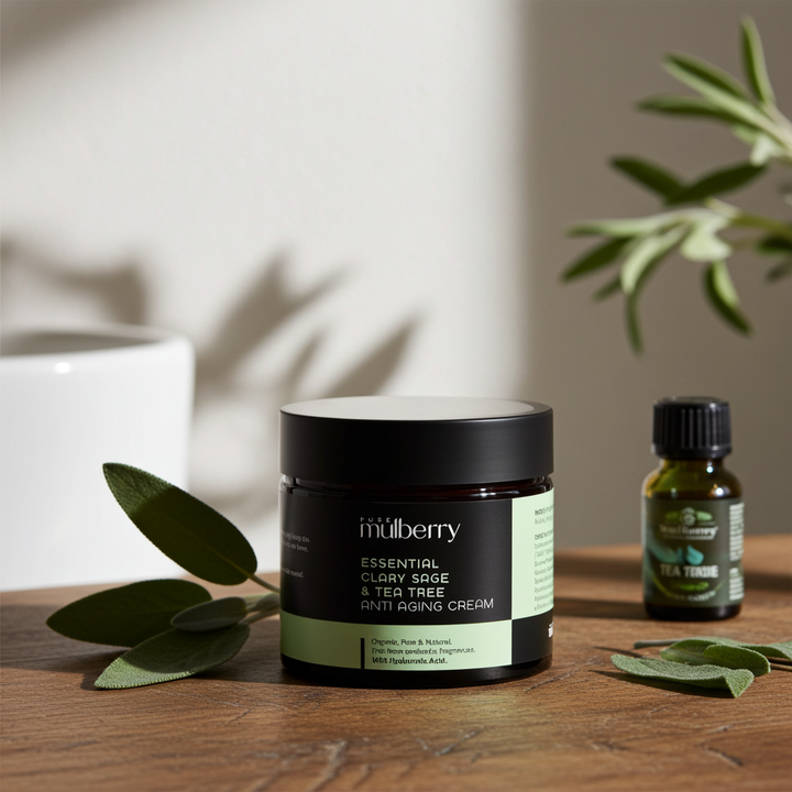 Essential Organic Clary Sage & Tea Tree Anti Aging Day Face Cream with Hyaluronic Acid 50g