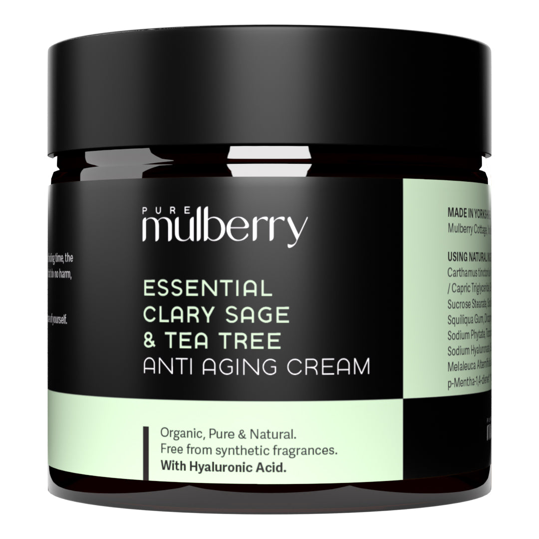 Jar of Pure Mulberry Essential Clary Sage & Tea Tree Anti-Aging Cream on a white background
