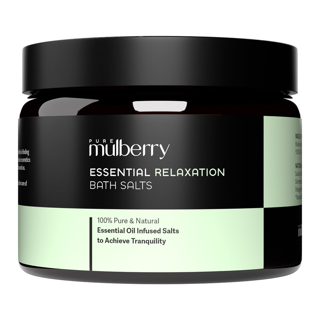 Unopened amber jar with black lid relaxing bath salts with essential oils