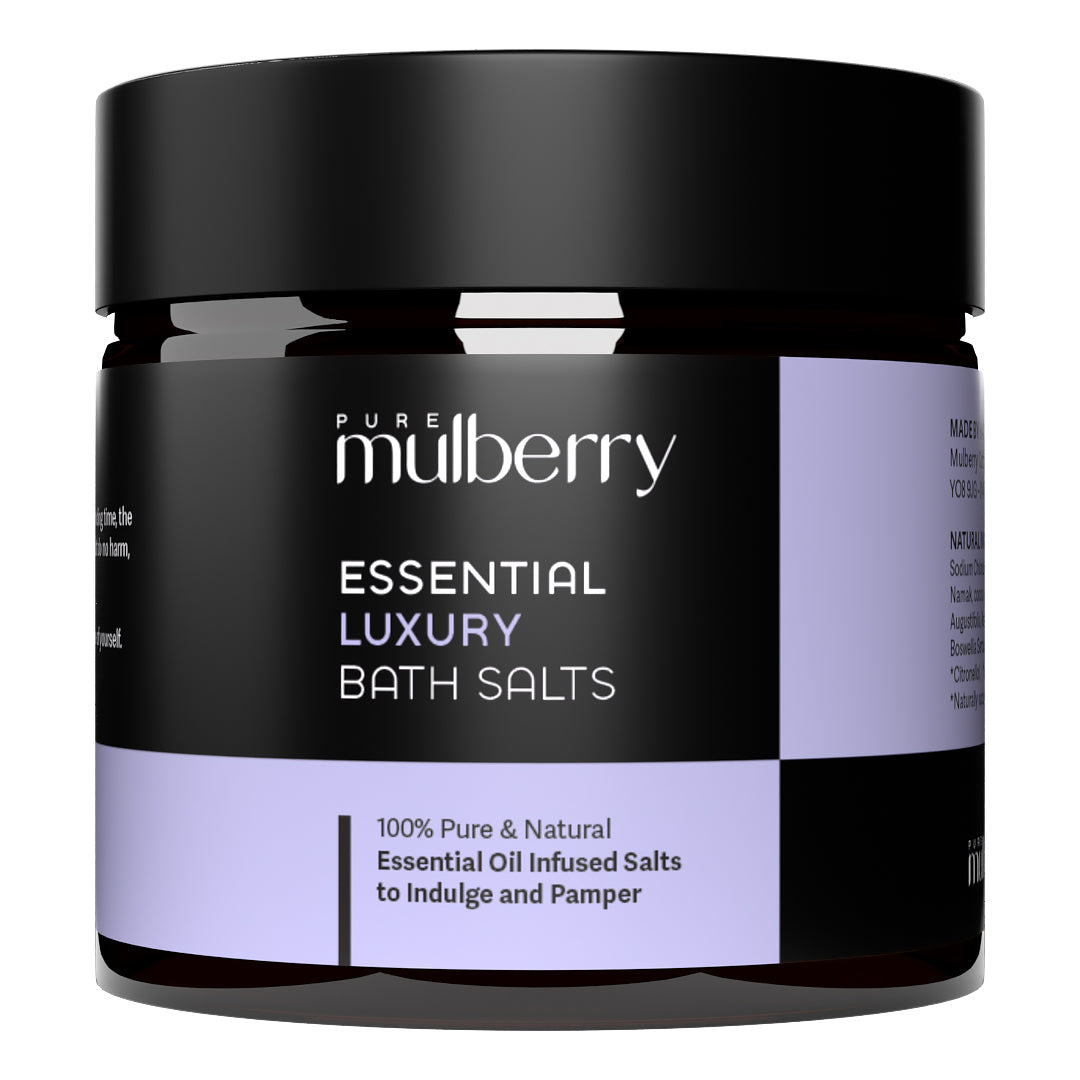 Unopened amber jar with black lid luxurious bath salts with essential oils