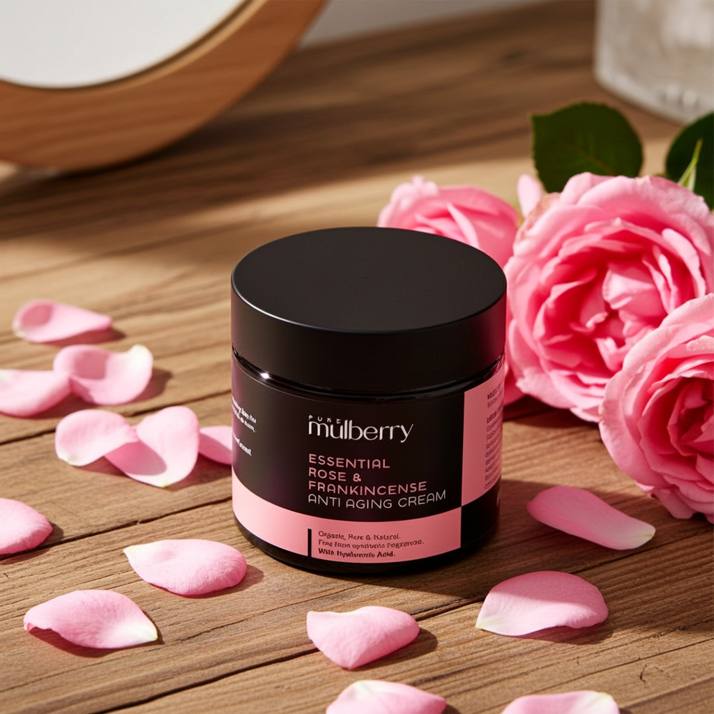 Essential Organic Rose & Frankincense Anti Aging Day Face Cream with Hyaluronic Acid 50g