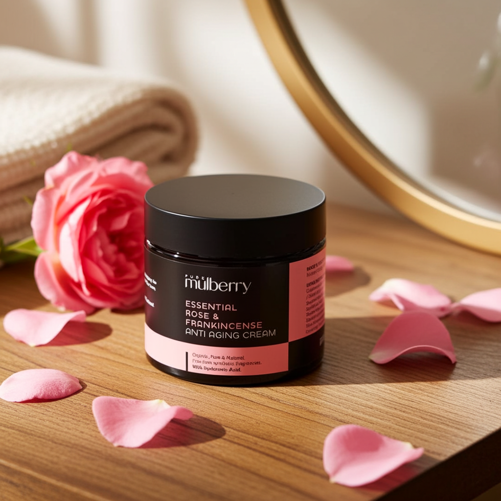 Essential Organic Rose & Frankincense Anti Aging Day Face Cream with Hyaluronic Acid 50g